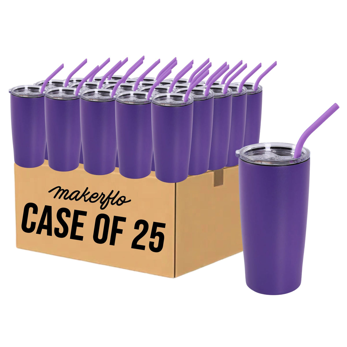 Case of 25 purple 20oz tumblers with clear lids and purple drinking straws, boxed