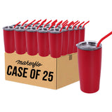 Case of 25 maroon 20oz stainless steel tumblers with clear lids and red straws
