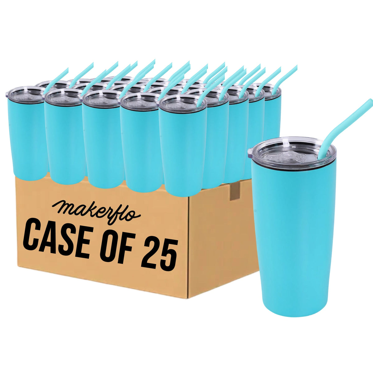 Case of 25 light blue 20oz stainless steel tumblers with clear lids and light blue straws