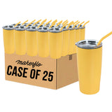 Set of 25 20oz stainless steel tumblers with lids and yellow straws, yellow finish