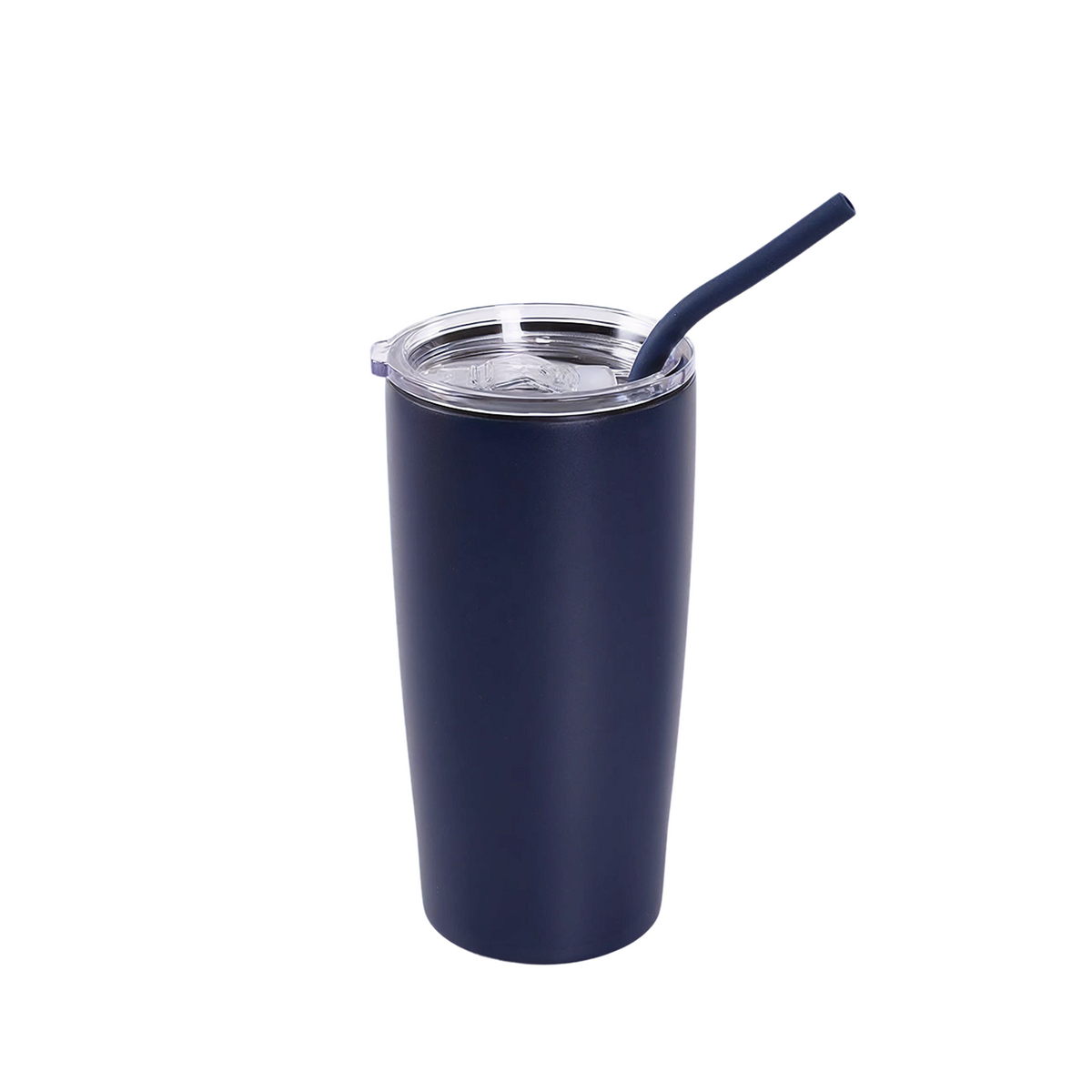 MakerFlo 20oz stainless tumbler, navy cup with clear lid and dark straw