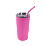 Pink 20oz insulated stainless steel tumbler with clear lid and pink drinking straw