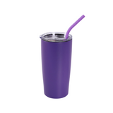 Purple 20oz insulated stainless steel tumbler with clear lid and purple drinking straw