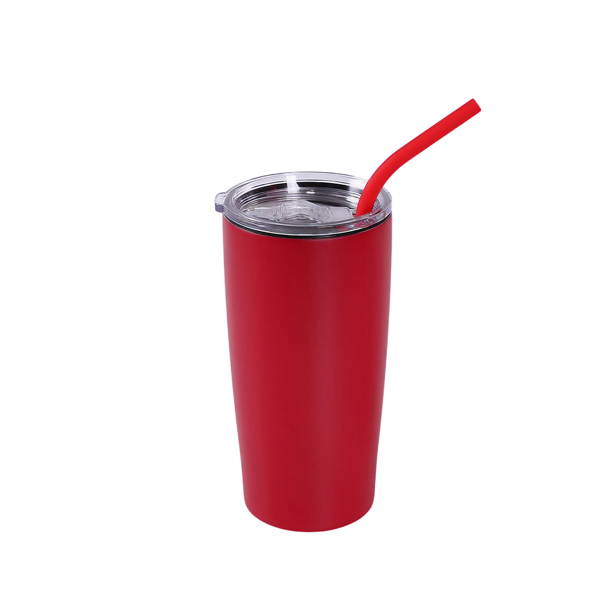 Maroon 20oz insulated tumbler with clear lid and red drinking straw