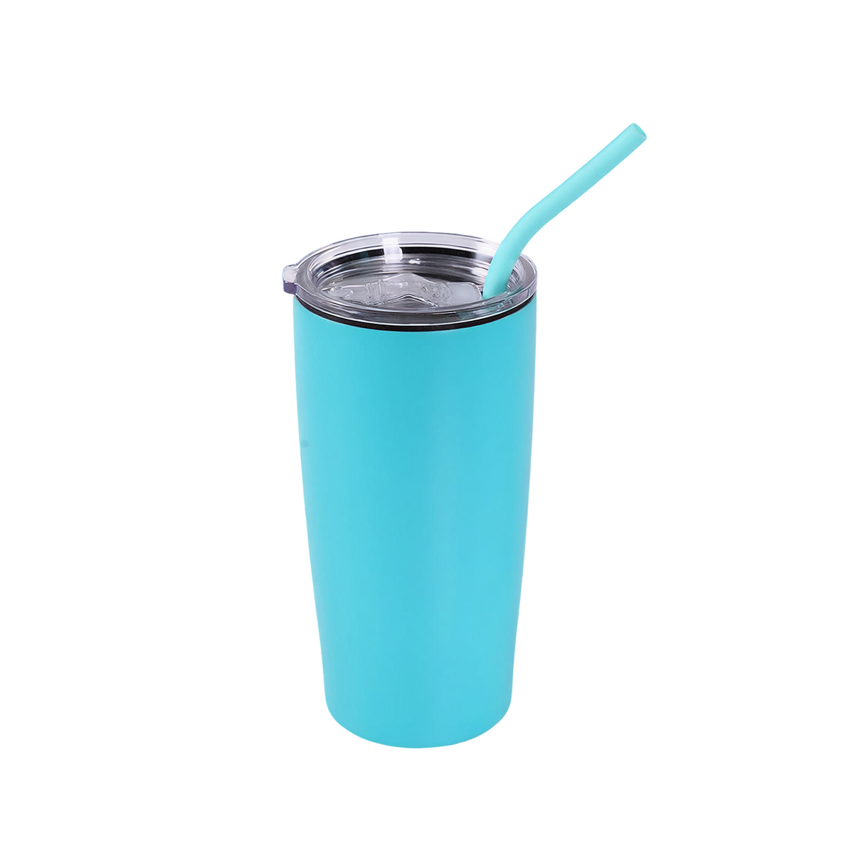 Light blue 20oz insulated stainless steel tumbler with clear lid and light blue straw