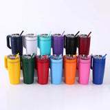 Set of MakerFlo twist-on tumbler handles on tumblers in mixed colors