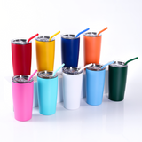 Assorted 20oz stainless tumblers with clear lids and colorful straws in bright colors