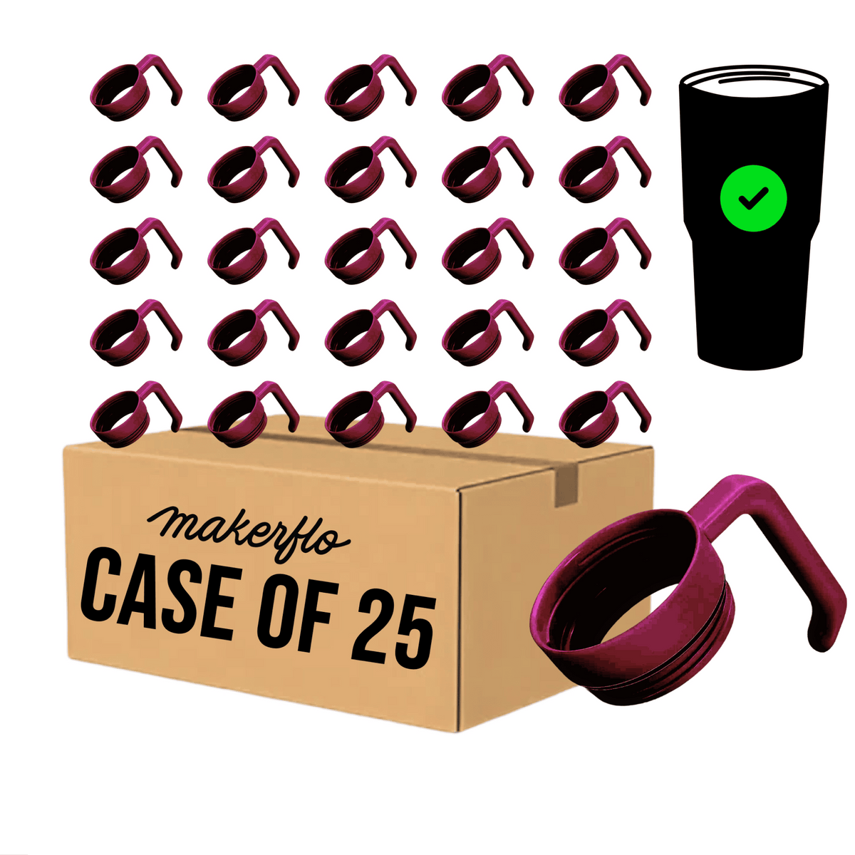 MakerTwist™ twist-on tumbler handle accessory, maroon handle case of 25
