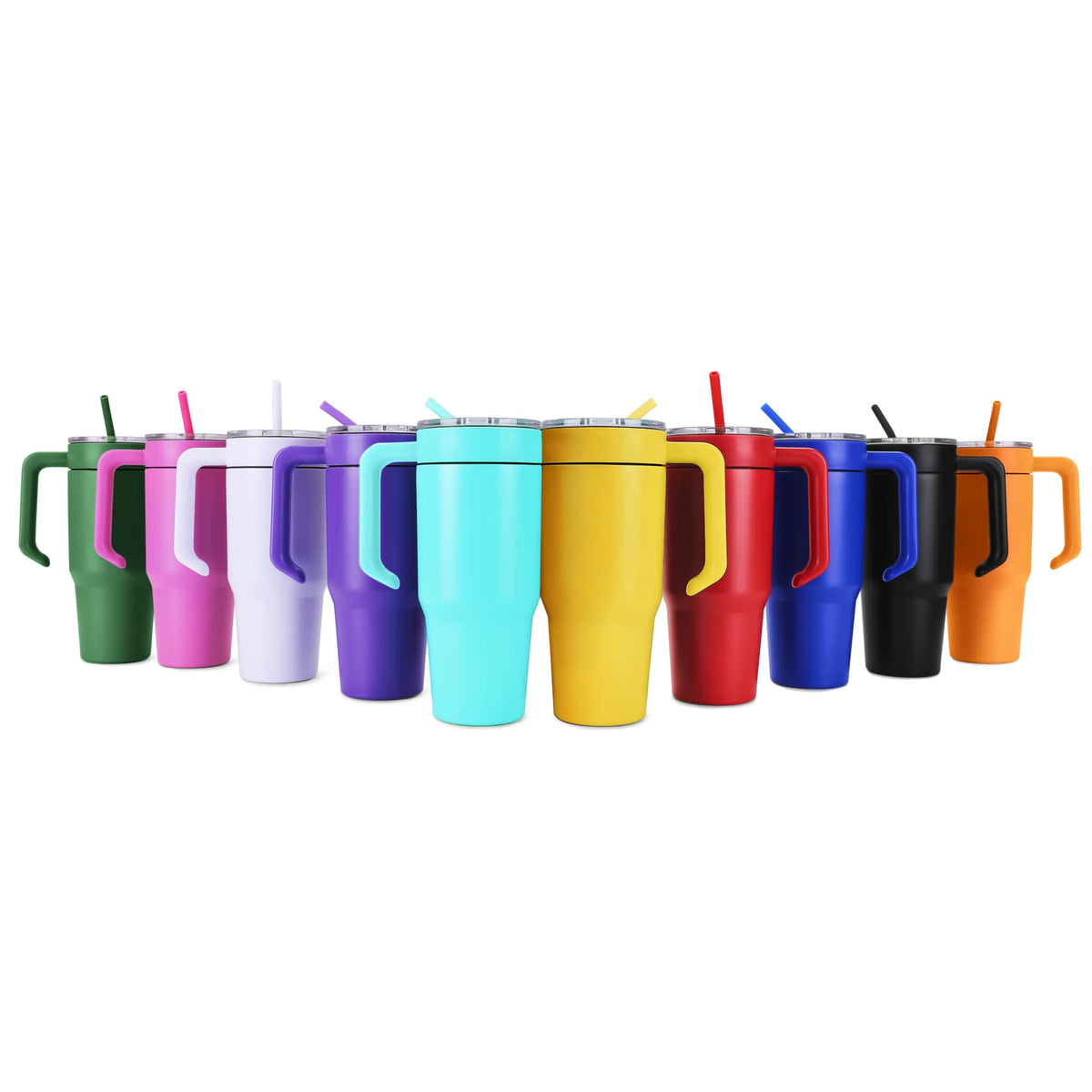Color assortment of 30oz stainless tumblers with straws and matching screw-on lids