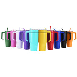 Color assortment of 30oz stainless tumblers with straws and matching screw-on lids