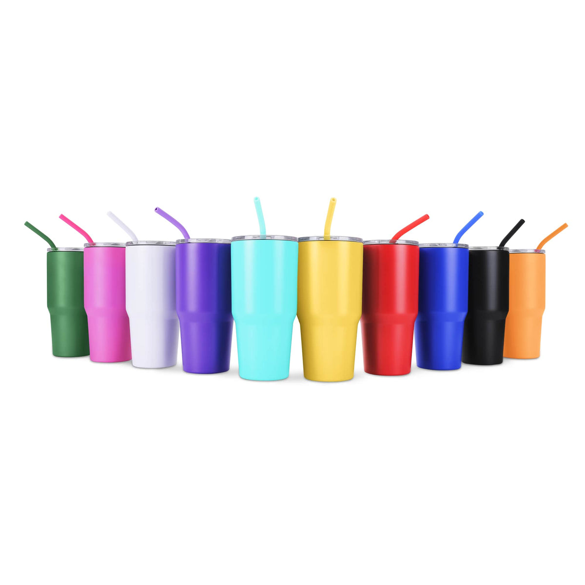 Set of colorful 30oz stainless tumblers with straws and matching lids
