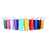 Set of colorful 30oz stainless tumblers with straws and matching lids