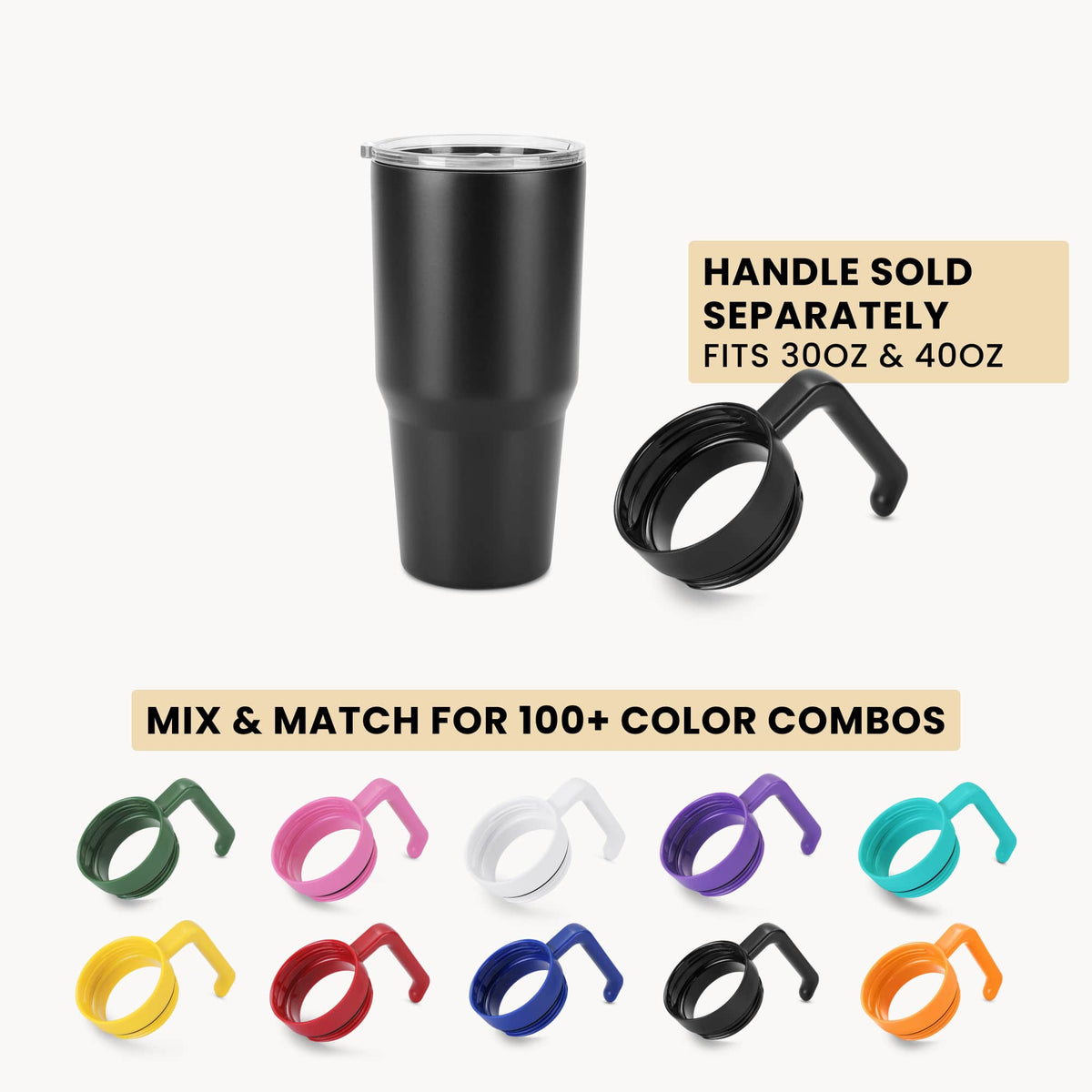Black 30oz tumbler with clear lid and separate handle accessory