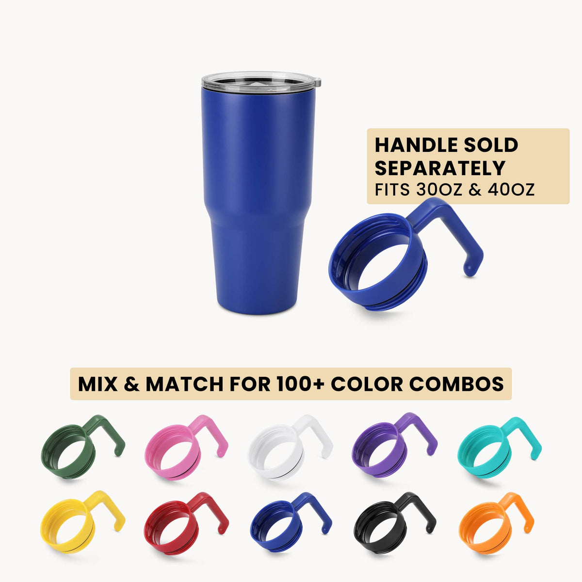 Blue 30oz tumbler with lid and separate drinking handle, plus handle sold separately info