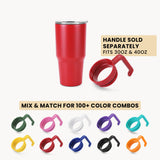 Red 30oz tumbler with lid and separate drinking handle, plus color combo accessory clips