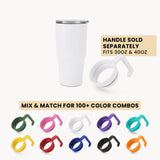 White 30oz tumbler with lid and separate drinking handle, plus color combo accessories