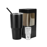 Black 30oz stainless tumbler with clear lid and black straw; comes with instructions