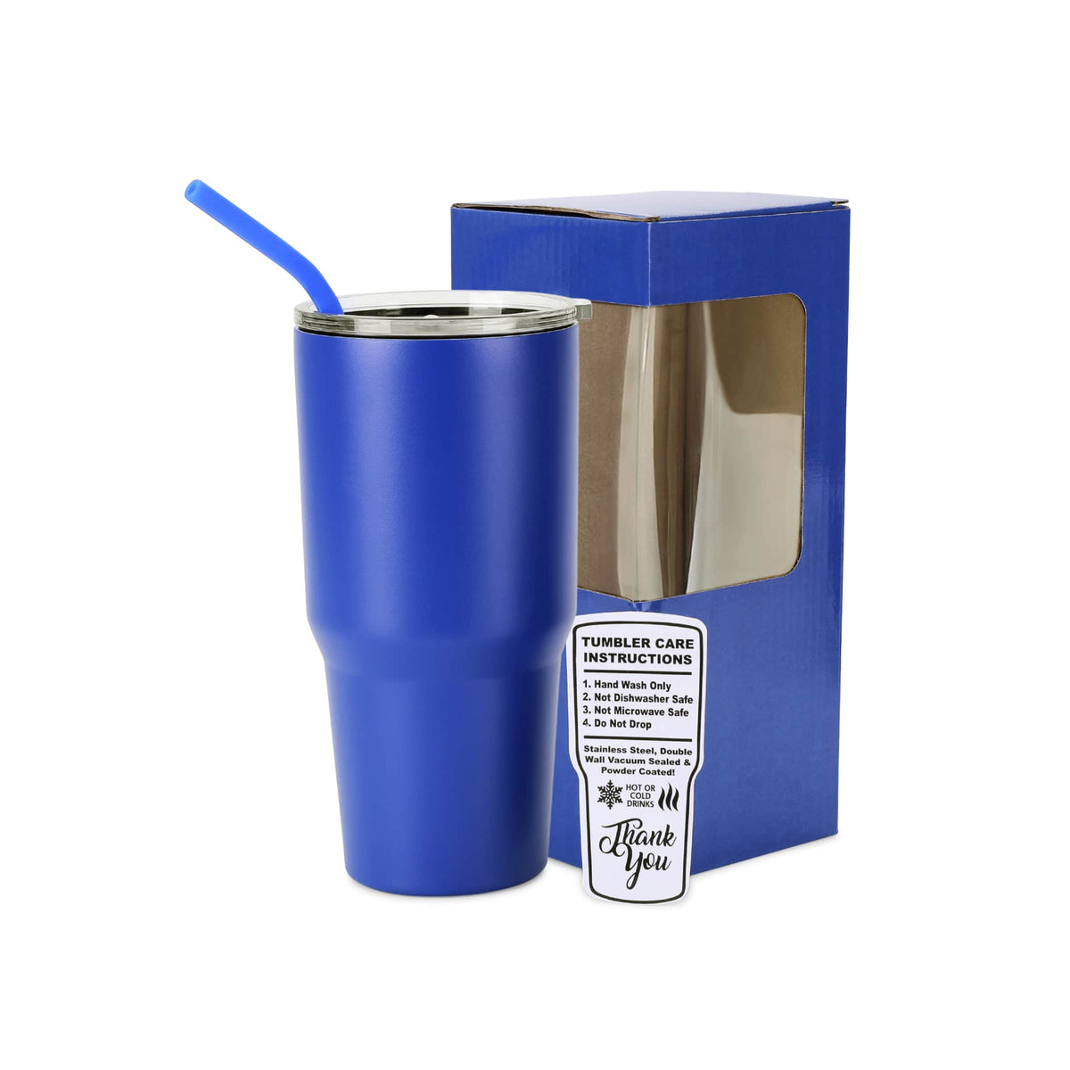 Blue 30oz stainless steel tumbler with clear lid, sipping straw, and instruction box