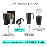 30oz handle option set: tumbler without handle, with handle, plus lid pieces