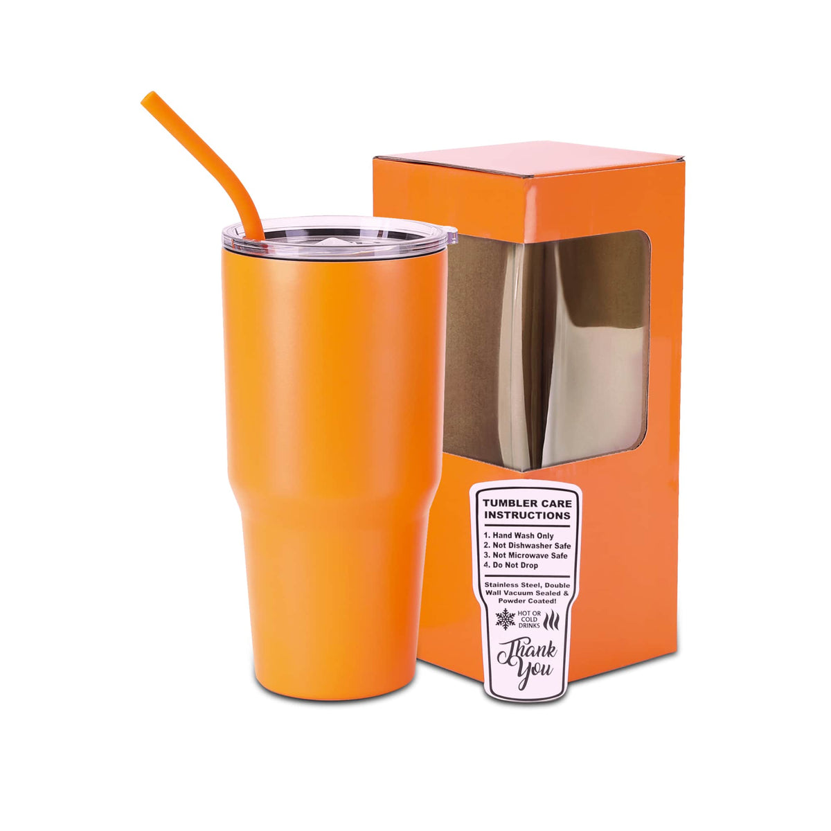 30oz MakerTwist stainless steel tumbler, orange with clear lid and orange straw