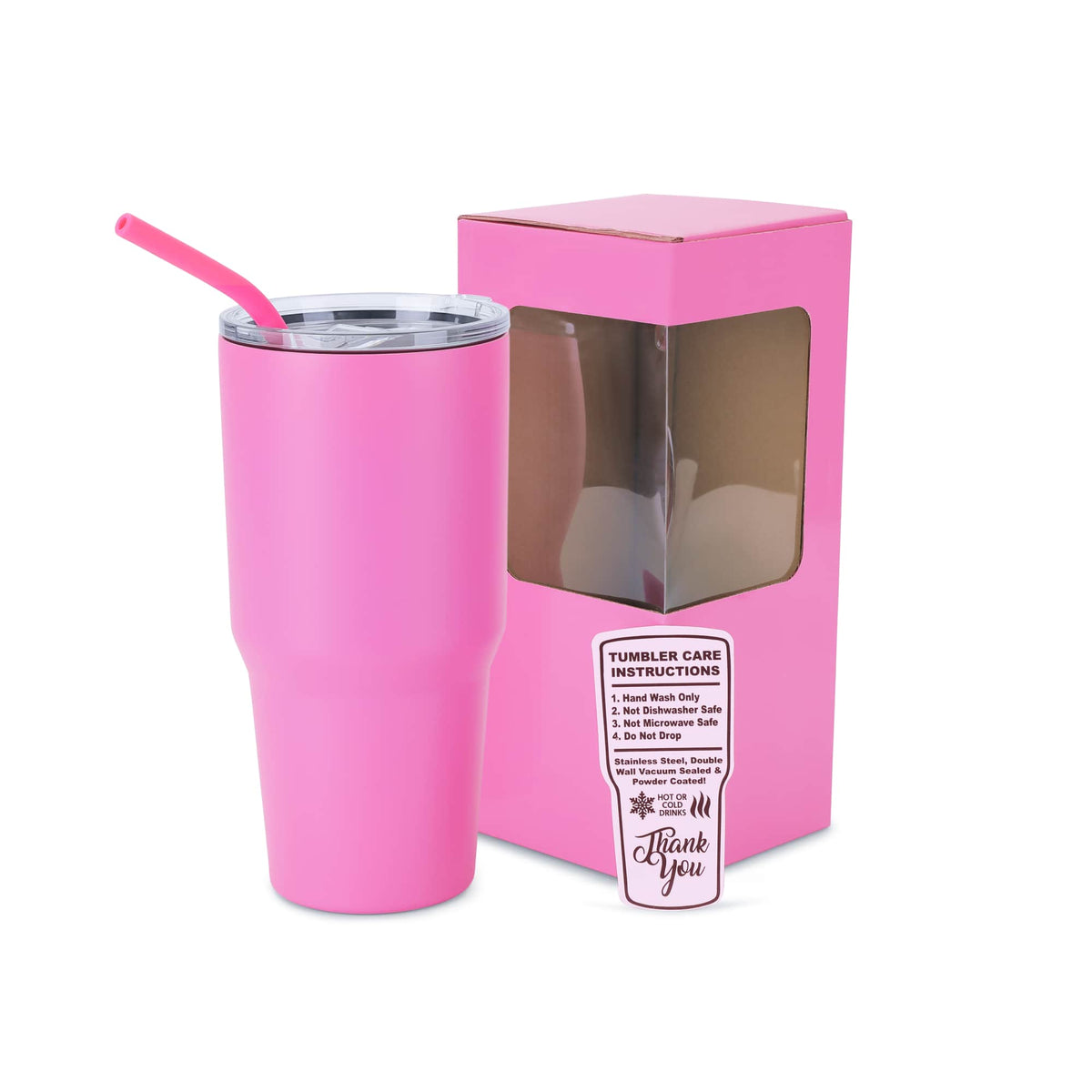 MakerFlo 30oz MakerTwist stainless steel tumbler, pink with clear lid and straw