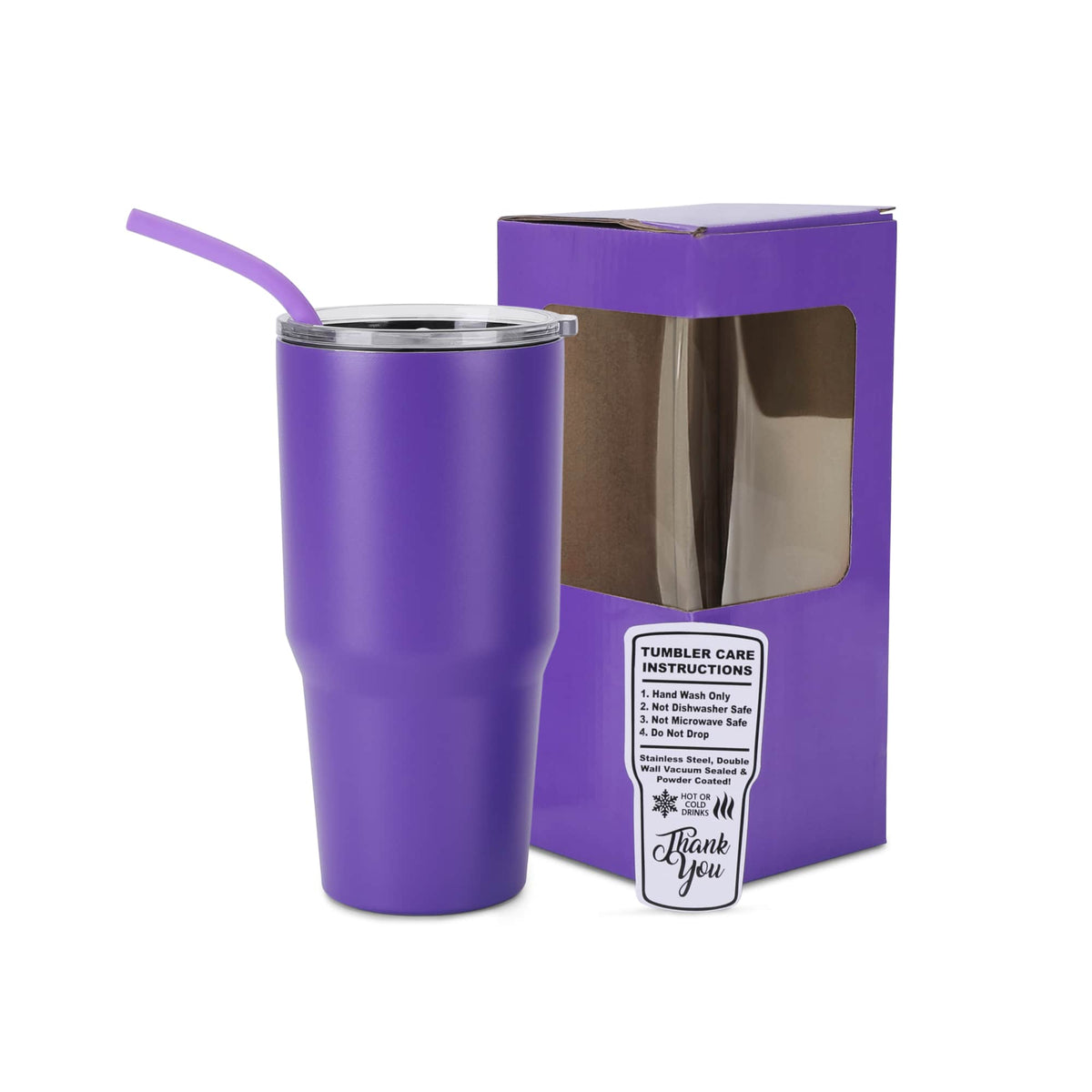 MakerFlo 30oz MakerTwist stainless steel tumbler, purple with clear lid and straw