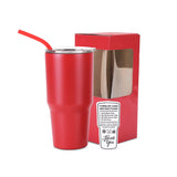 Red 30oz stainless steel tumbler with clear lid, sipping straw, and instruction box