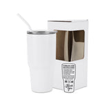 White 30oz stainless steel tumbler with clear lid, sipping straw, and instruction box