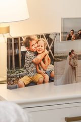 Clear 3/4 in acrylic photo display block with mounted picture panel.