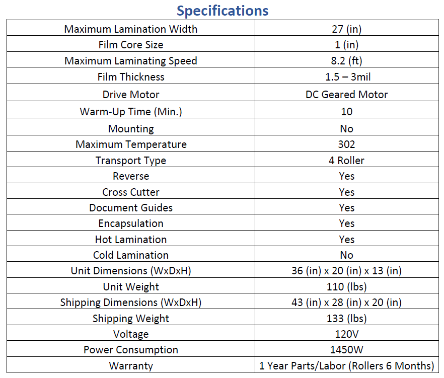 Thermal Pressure Sensitive Roll Laminator 27" (1" Core)