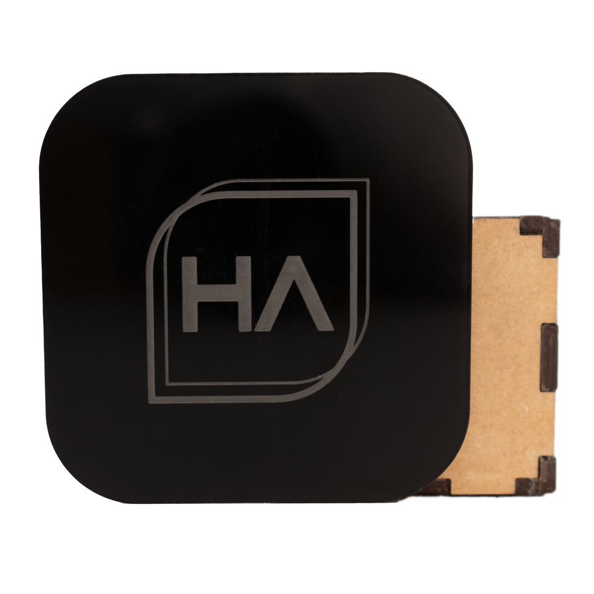 Glossy black cast acrylic sheet, square cut with subtle HA logo on surface