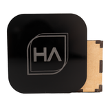 Glossy black cast acrylic sheet with etched HA logo, rounded-square shape