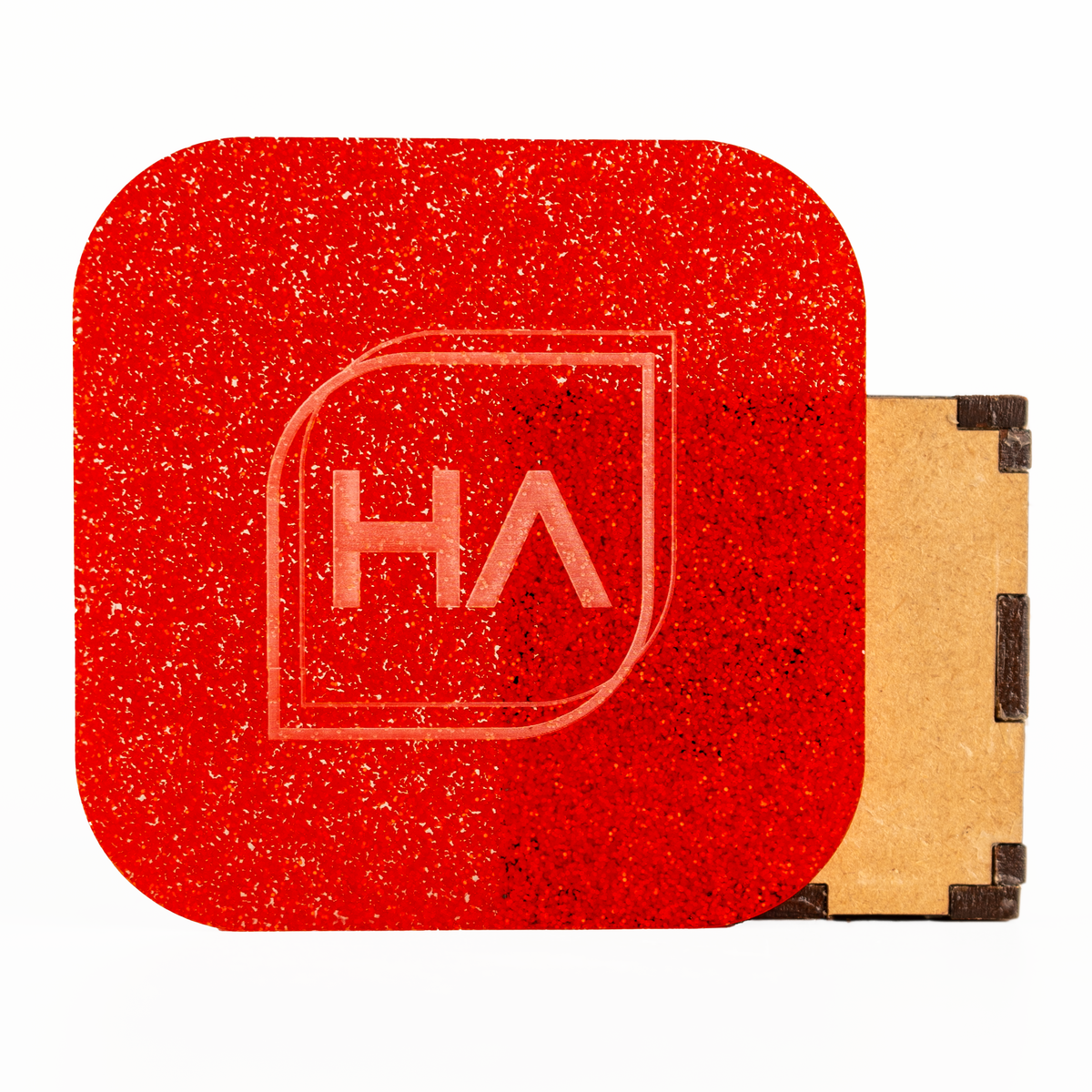 Bright red glitter acrylic sheet with rounded corners and protective backing
