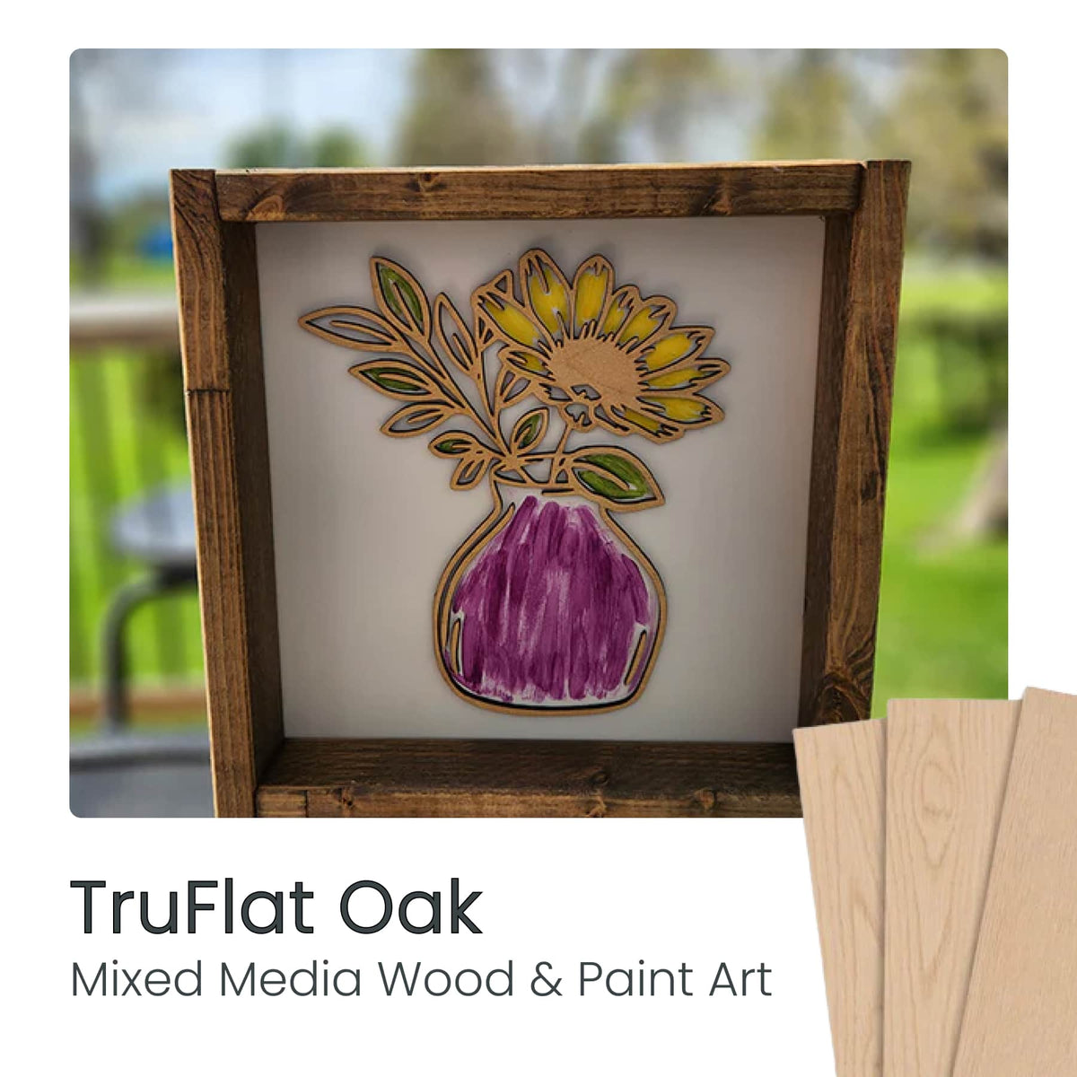 TruFlat laser-cut wood frame with floral vase artwork in colored paint