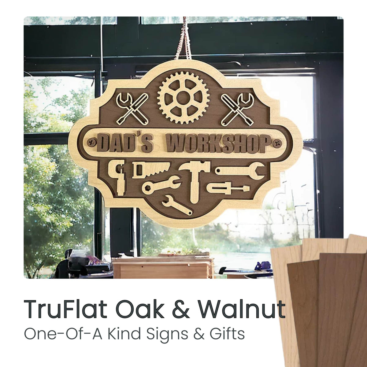 TruFlat laser-cut wood Dad's Workshop sign with tools and gear accents