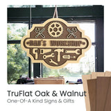 TruFlat laser-cut wood Dad's Workshop sign with tools and gear accents