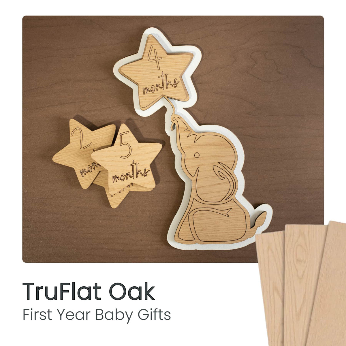 Wood baby gift cutouts with star and rabbit shapes on a flat board