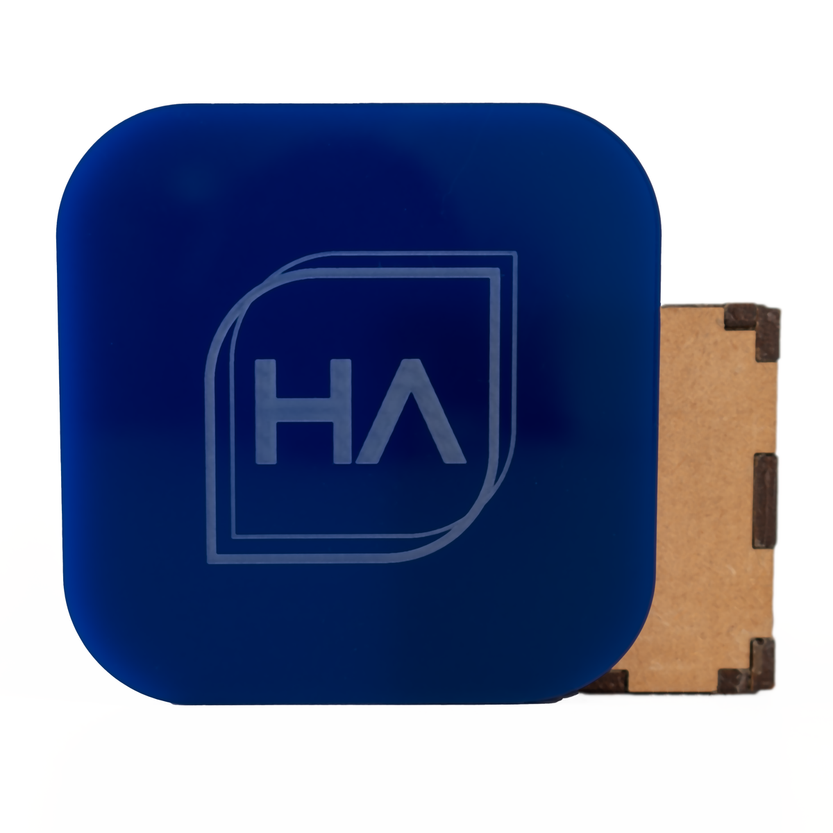 Glossy dark blue cast acrylic sheet with protective film and HA logo