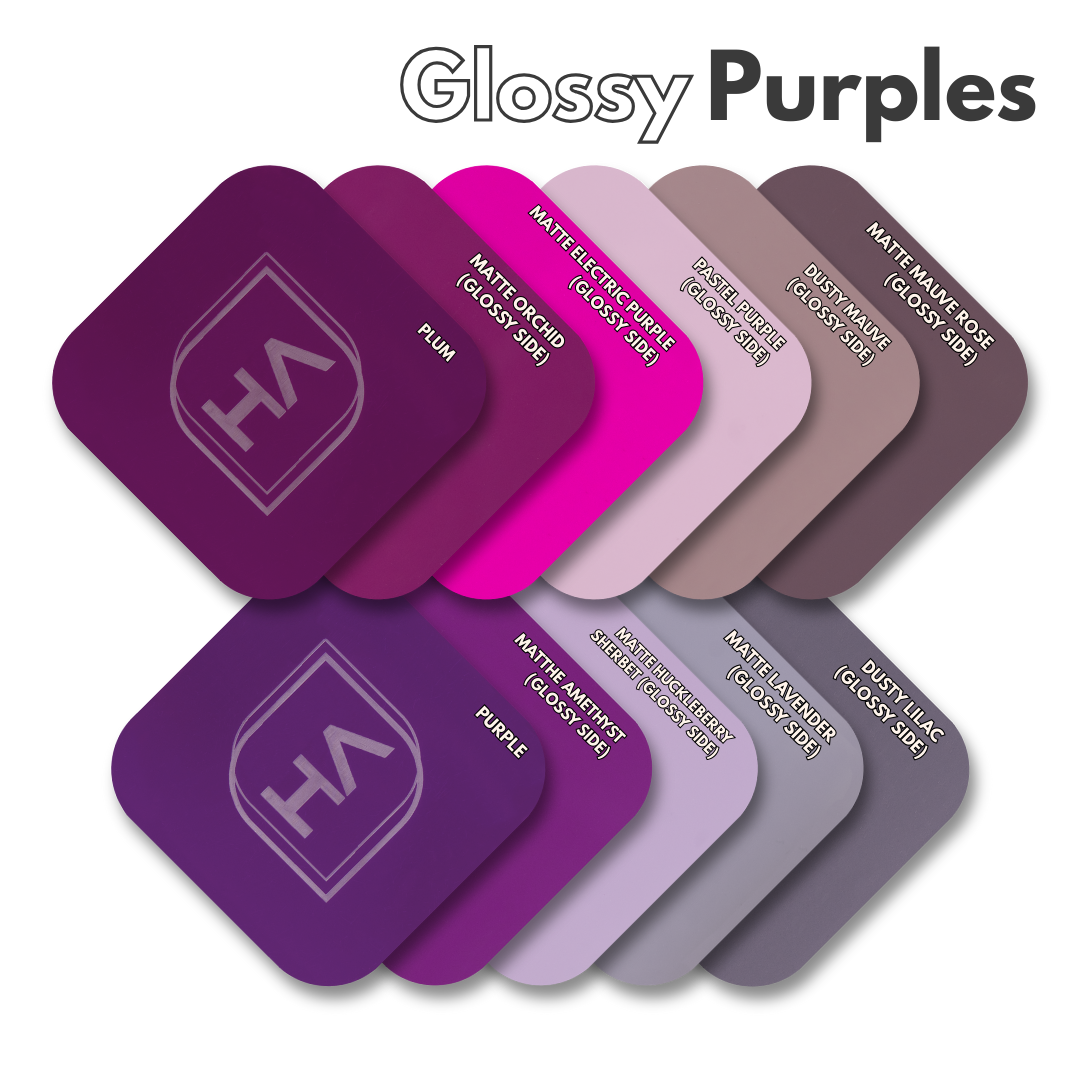 Glossy purple cast acrylic swatch set, rounded squares in multiple purple tones