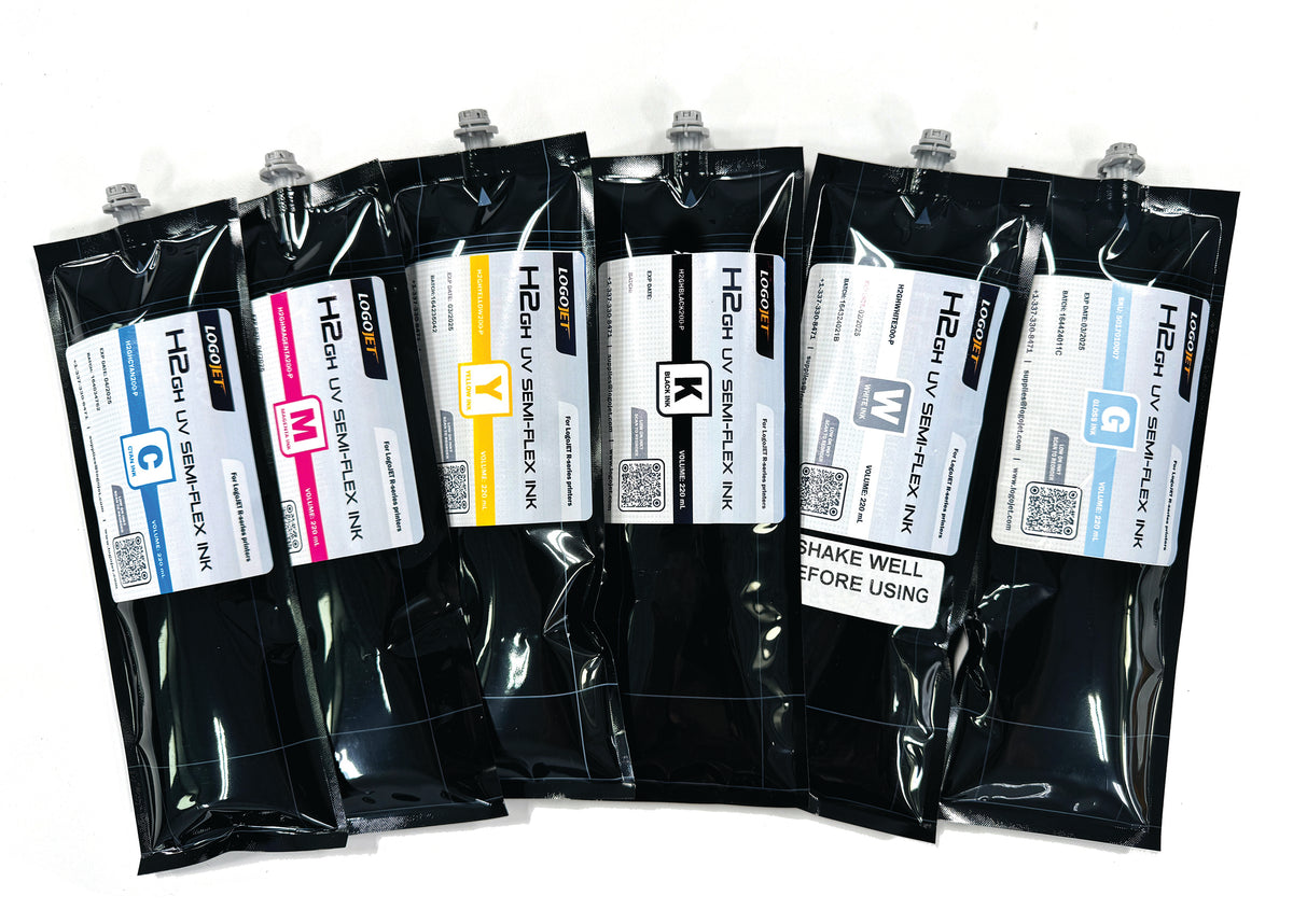 UV ink set 8-pack in black foil pouches, assorted CMYK, white, and clear gloss