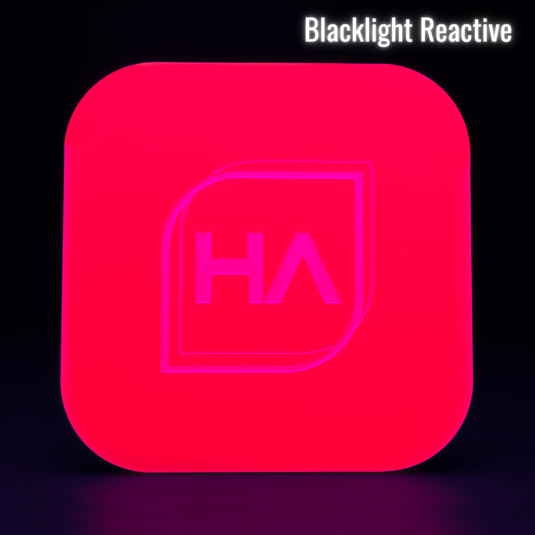 Blacklight reactive hot pink acrylic sheet with HA logo glow, rounded square