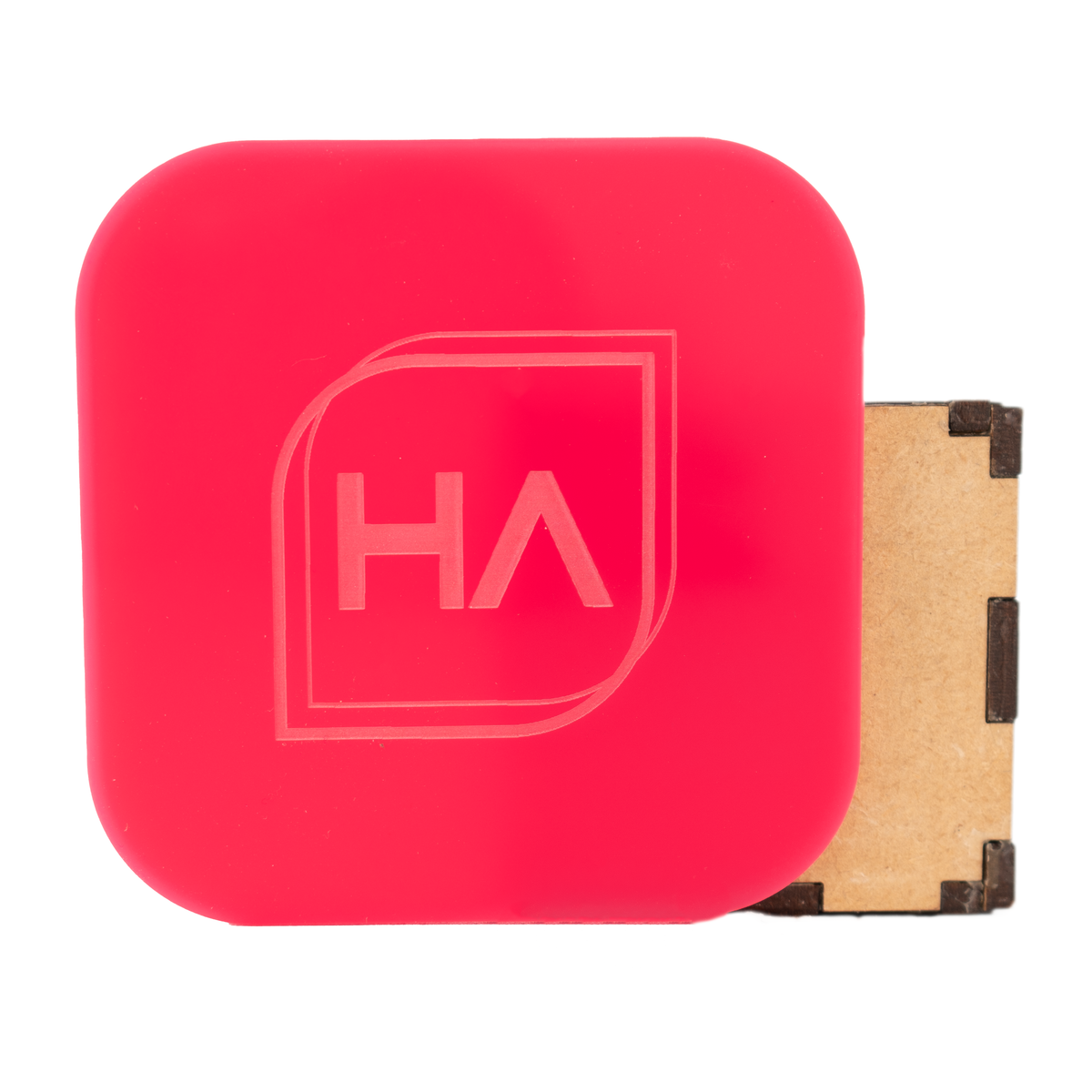 Hot pink glossy acrylic sheet with HA logo, mounted on backing frame