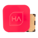 Hot pink glossy acrylic sheet with HA logo, mounted on backing frame