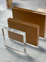 Clear acrylic photo display block with backing panels, 3/4 in face mount.
