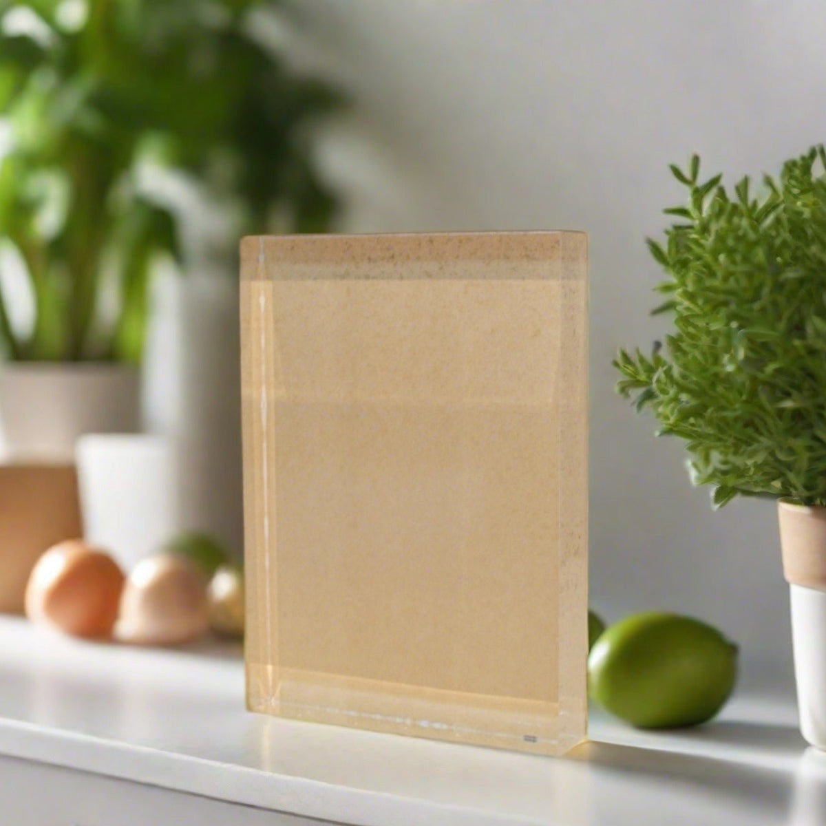 Clear acrylic face-mount panel block with blank frosted insert, standing on ledge