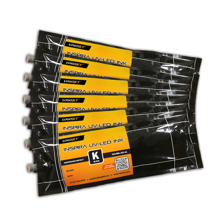 UV-LED ink set pouches in black/yellow labeled LogojET Inspira, 8-pack