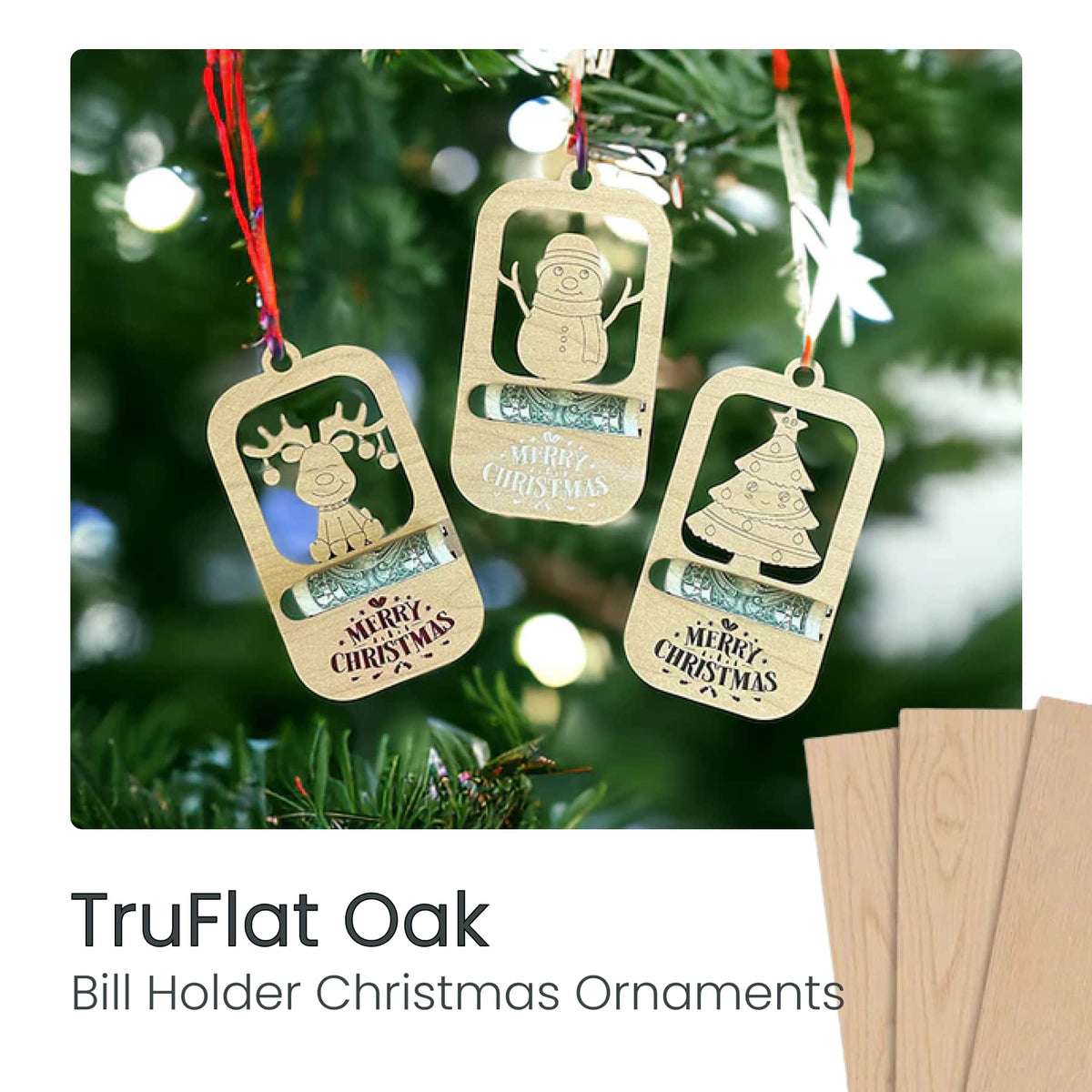 Wood Christmas ornament hangers with character designs and Merry Christmas labels