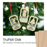 Wood Christmas ornament hangers with character designs and Merry Christmas labels