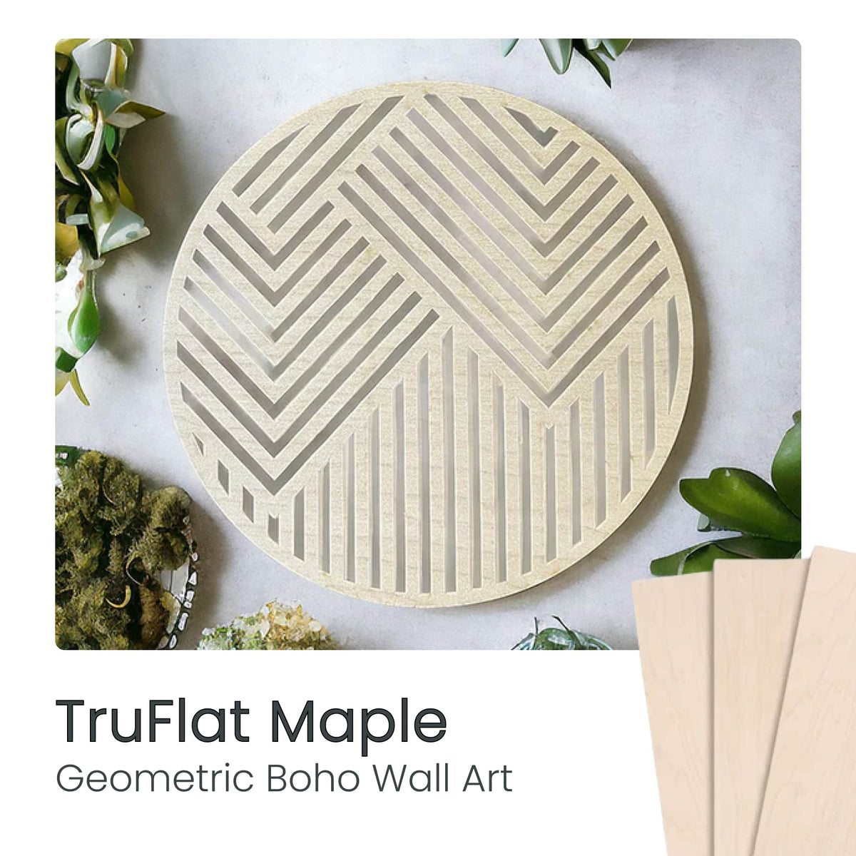 Round geometric boho wall art on pale laser wood board