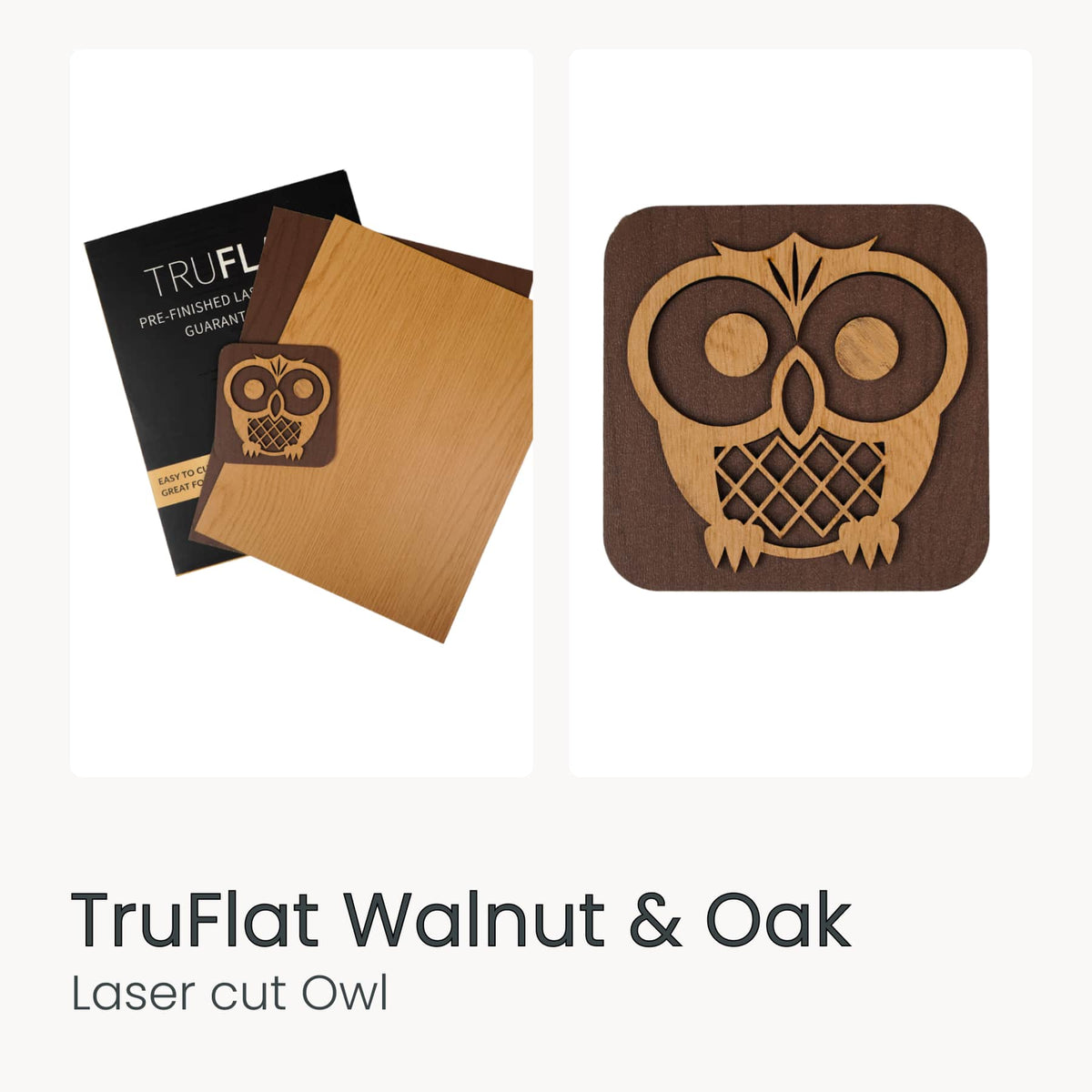 Laser-cut owl design on walnut and oak laser wood boards